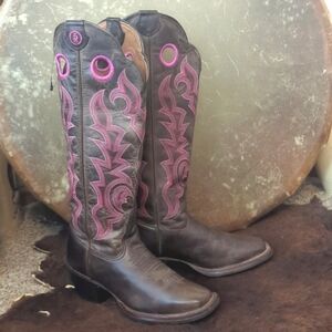 TONY LAMA 3R tall Buckaroo cowgirl western boots chocolate brown & pink sz 6.5